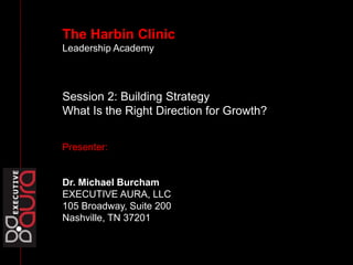 The Harbin Clinic
Leadership Academy
Session 2: Building Strategy
What Is the Right Direction for Growth?
Presenter:
Dr. Michael Burcham
EXECUTIVE AURA, LLC
105 Broadway, Suite 200
Nashville, TN 37201
In life, there is no dress
rehearsal. You get one
shot. Make it count.
 