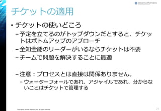 Copyright© Growth xPartners, Inc. All rights reserved.
チケットの適用
• チケットの使いどころ
–予定を立てるのがトップダウンだとすると、チケッ
トはボトムアップのアプローチ
–全知全能のリーダーがいるならチケットは不要
–チームで問題を解決することに最適
–注意：プロセスとは直接は関係ありません。
» ウォーターフォールであれ、アジャイルであれ、分からな
いことはチケットで管理する
25
 