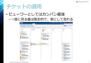Copyright© Growth xPartners, Inc. All rights reserved.
チケットの適用
• ビューワーとしてはカンバン最強
–一度に見る量は限定的で、束にして見れる
32
 