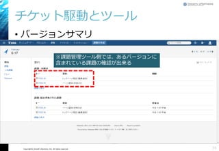 Copyright© Growth xPartners, Inc. All rights reserved.
チケット駆動とツール
• バージョンサマリ
39
※課題管理ツール側では、あるバージョンに
含まれている課題の確認が出来る
 