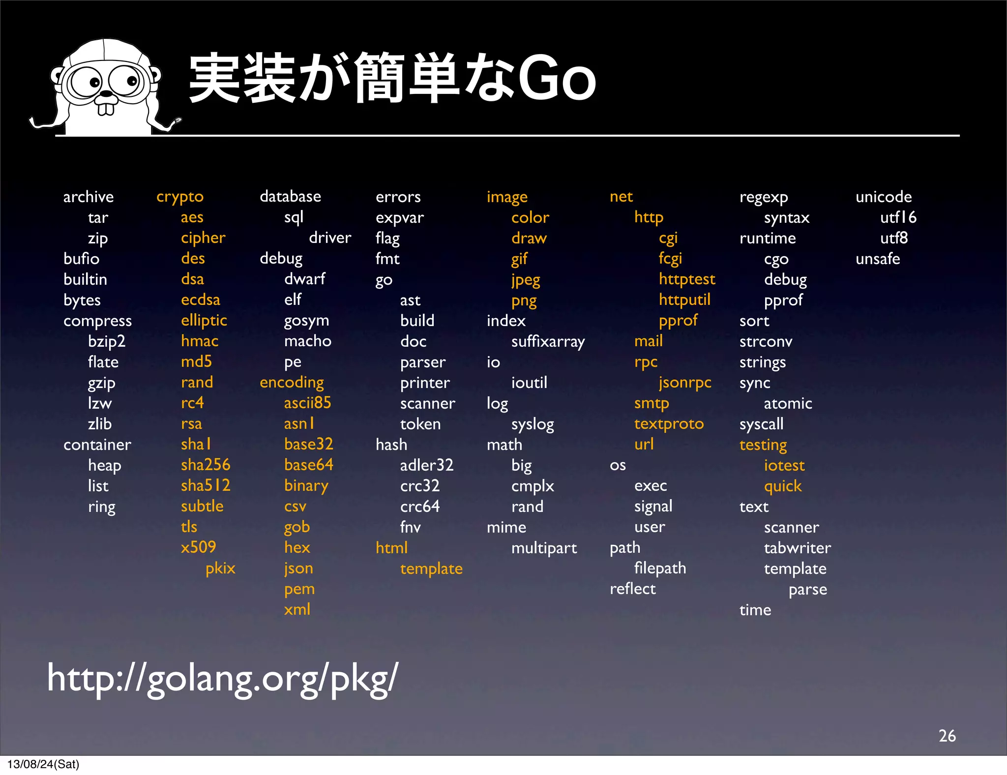 実装が簡単なGo
26
archive
     tar
     zip
buﬁo
builtin
bytes
compress
     bzip2
     ﬂate
     gzip
     lzw
     zlib
container
     heap
     list
     ring
crypto
     aes
     cipher
     des
     dsa
     ecdsa
     elliptic
     hmac
     md5
     rand
     rc4
     rsa
     sha1
     sha256
     sha512
     subtle
     tls
     x509
          pkix
database
     sql
          driver
debug
     dwarf
     elf
     gosym
     macho
     pe
encoding
     ascii85
     asn1
     base32
     base64
     binary
     csv
     gob
     hex
     json
     pem
     xml
errors
expvar
ﬂag
fmt
go
     ast
     build
     doc
     parser
     printer
     scanner
     token
hash
     adler32
     crc32
     crc64
     fnv
html
     template
image
     color
     draw
     gif
     jpeg
     png
index
     sufﬁxarray
io
     ioutil
log
     syslog
math
     big
     cmplx
     rand
mime
     multipart
net
     http
          cgi
          fcgi
          httptest
          httputil
          pprof
     mail
     rpc
          jsonrpc
     smtp
     textproto
     url
os
     exec
     signal
     user
path
     ﬁlepath
reﬂect
regexp
     syntax
runtime
     cgo
     debug
     pprof
sort
strconv
strings
sync
     atomic
syscall
testing
     iotest
     quick
text
     scanner
     tabwriter
     template
          parse
time
unicode
     utf16
     utf8
unsafe
http://golang.org/pkg/
13/08/24(Sat)
 