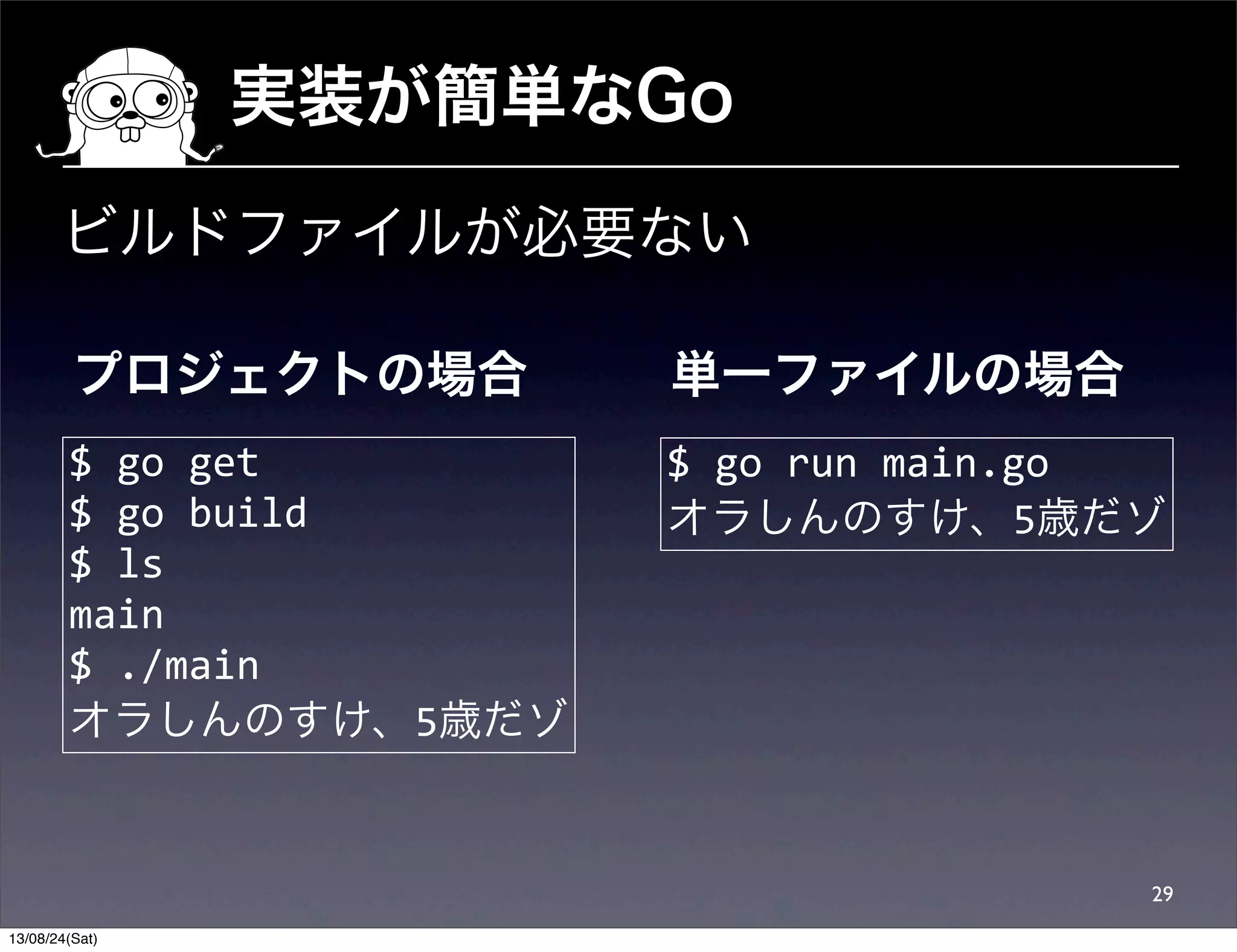 実装が簡単なGo
29
$	
  go	
  get
$	
  go	
  build
$	
  ls
main
$	
  ./main
オラしんのすけ、5歳だゾ
プロジェクトの場合 単一ファイルの場合
$	
  go	
  run	
  main.go
オラしんのすけ、5歳だゾ
ビルドファイルが必要ない
13/08/24(Sat)
 