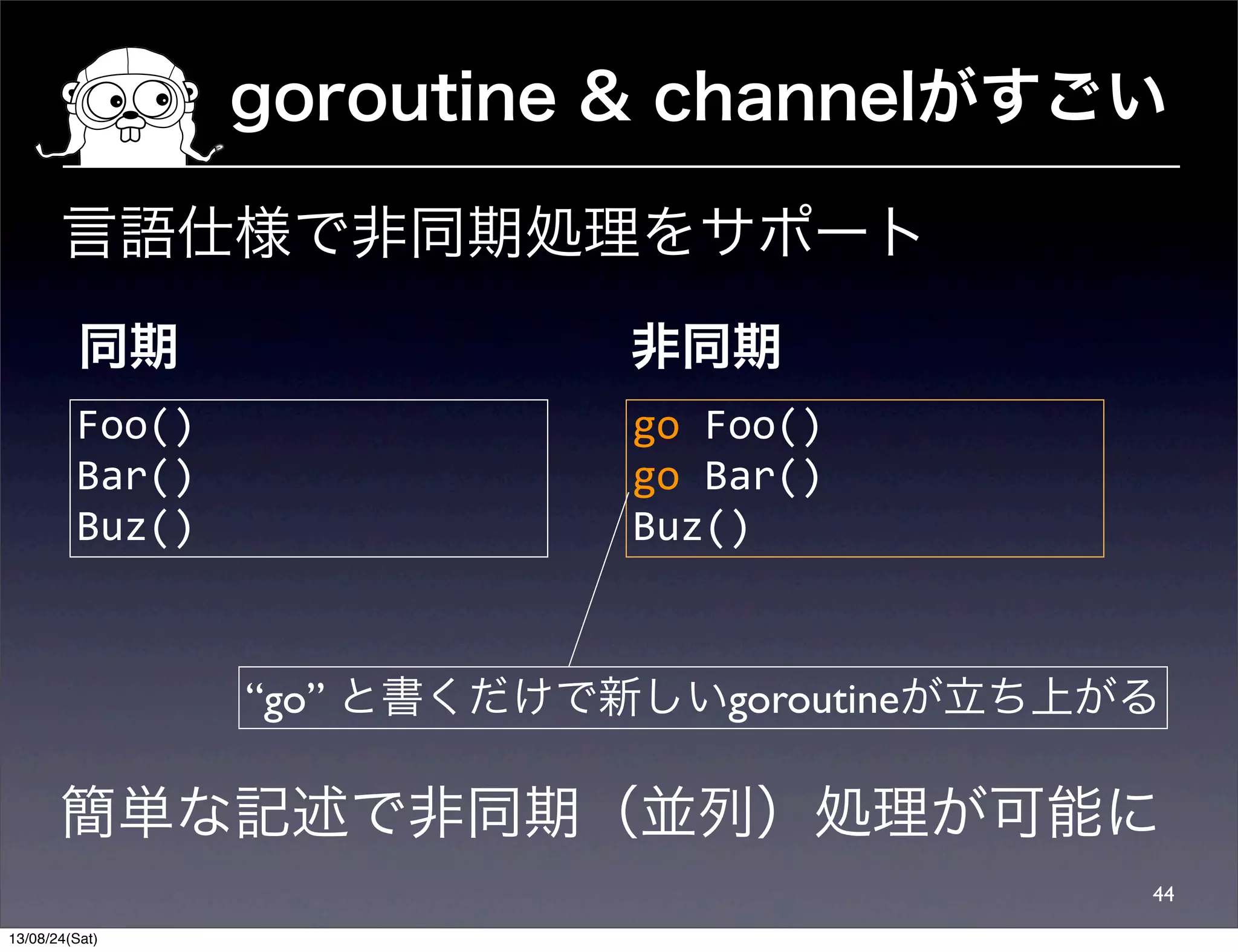 goroutine & channelがすごい
44
Foo()
Bar()
Buz()
同期
go	
  Foo()
go	
  Bar()
Buz()
非同期
“go” と書くだけで新しいgoroutineが立ち上がる
言語仕様で非同期処理をサポート
簡単な記述で非同期（並列）処理が可能に
13/08/24(Sat)
 