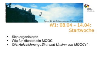 A.Guettl-Strahlhofer/Junil 2013 11
Flickr.com/ccbyJustinOrnellas
W1: 08.04 – 14.04:
Startwoche
• Sich organisieren
• Wie funktioniert ein MOOC
• OA: Aufzeichnung „Sinn und Unsinn von MOOCs“
 