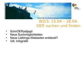 A.Guettl-Strahlhofer/Junil 2013 12
Flickr.com/ccbyJustinOrnellas
W2/3: 15.04 – 28.04:
OER suchen und finden
• SchnOERzeljagd
• Neue Suchmöglichkeiten
• Neue Lieblings-Webseiten entdeckt?
• OA: Infografik
 