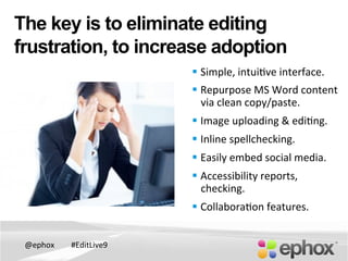 @ephox	
   #EditLive9	
  
The key is to eliminate editing
frustration, to increase adoption
§ Simple,	
  intui@ve	
  interface.	
  
§ Repurpose	
  MS	
  Word	
  content	
  
via	
  clean	
  copy/paste.	
  
§ Image	
  uploading	
  &	
  edi@ng.	
  
§ Inline	
  spellchecking.	
  
§ Easily	
  embed	
  social	
  media.	
  	
  
§ Accessibility	
  reports,	
  
checking.	
  
§ Collabora@on	
  features.	
  
	
  
	
  
 