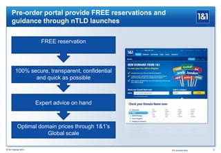 12
Pre-order portal provide FREE reservations and
guidance through nTLD launches
100% secure, transparent, confidential
and quick as possible
Expert advice on hand
Optimal domain prices through 1&1’s
Global scale
FREE reservation
® 1&1 Internet 2013 DIY success story
 