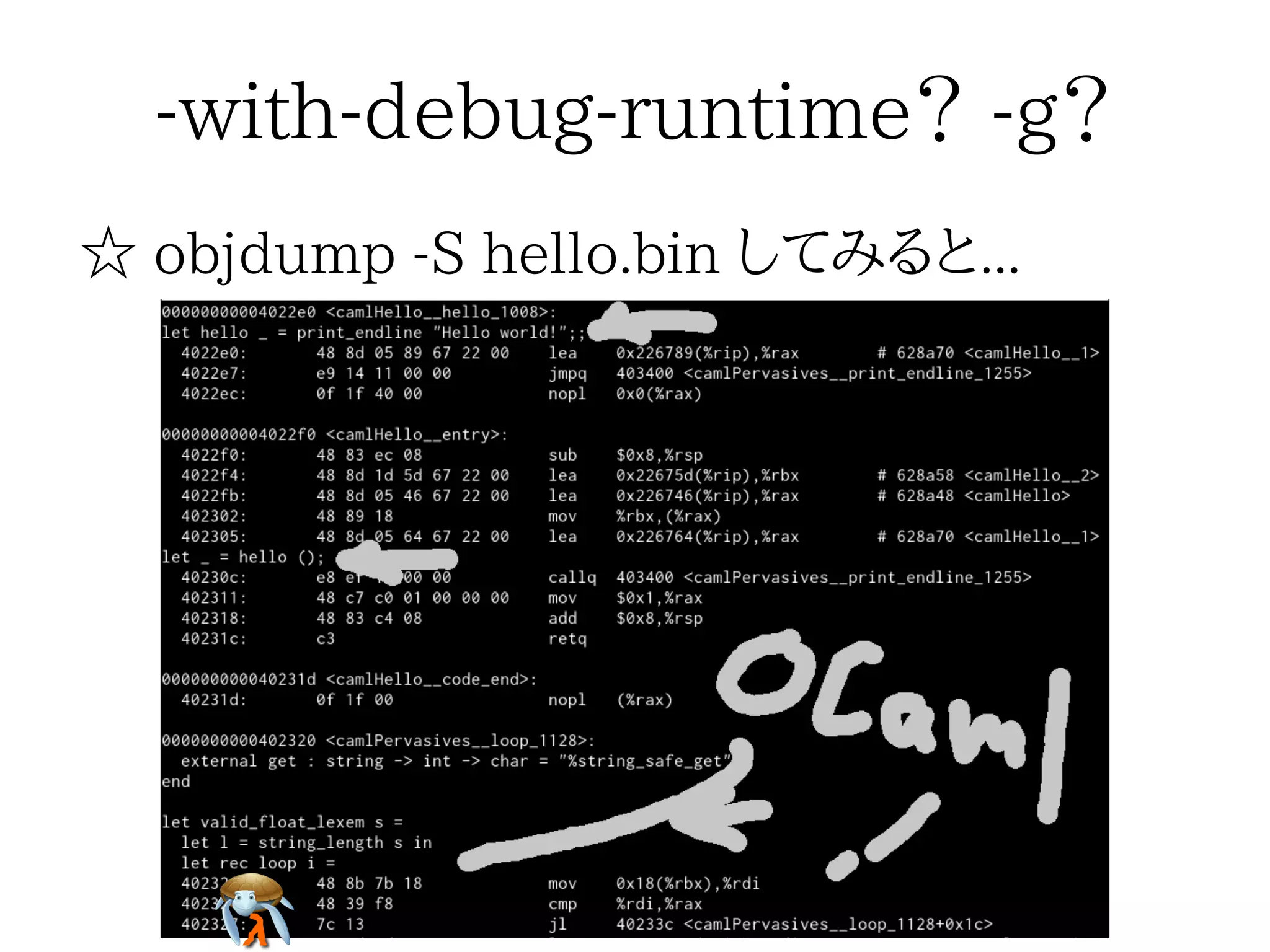 -with-debug-runtime？ -g？-with-debug-runtime？ -g？-with-debug-runtime？ -g？-with-debug-runtime？ -g？-with-debug-runtime？ -g？
☆ objdump -S hello.bin してみると...☆ objdump -S hello.bin してみると...☆ objdump -S hello.bin してみると...☆ objdump -S hello.bin してみると...☆ objdump -S hello.bin してみると...
 