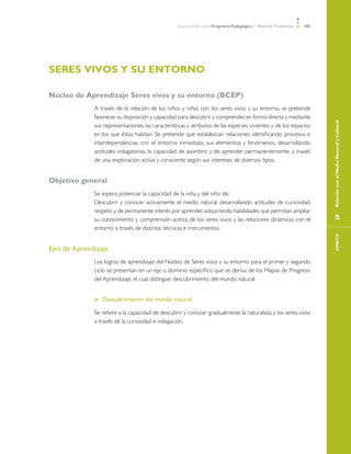Educación Parvularia Programa Pedagógico 1˚ Nivel de Transición 105
»	RelaciónconelMedioNaturalyCulturalÁMBITO
Seres vivos y su entorno
Núcleo de Aprendizaje Seres vivos y su entorno (BCEP)
A través de la relación de los niños y niñas con los seres vivos y su entorno, se pretende
favorecer su disposición y capacidad para descubrir y comprender,en forma directa y mediante
sus representaciones, las características y atributos de las especies vivientes y de los espacios
en los que éstas habitan. Se pretende que establezcan relaciones, identificando procesos e
interdependencias con el entorno inmediato, sus elementos y fenómenos, desarrollando
actitudes indagatorias, la capacidad de asombro y de aprender permanentemente, a través
de una exploración activa y consciente según sus intereses de diversos tipos.
Objetivo general
Se espera potenciar la capacidad de la niña y del niño de:
Descubrir y conocer activamente el medio natural, desarrollando actitudes de curiosidad,
respeto y de permanente interés por aprender,adquiriendo habilidades que permitan ampliar
su conocimiento y comprensión acerca de los seres vivos y las relaciones dinámicas con el
entorno a través de distintas técnicas e instrumentos.
Ejes de Aprendizaje
Los logros de aprendizaje del Núcleo de Seres vivos y su entorno para el primer y segundo
ciclo se presentan en un eje o dominio específico que se deriva de los Mapas de Progreso
del Aprendizaje, el cual distingue: descubrimiento del mundo natural.
Descubrimiento del mundo natural»»
Se refiere a la capacidad de descubrir y conocer gradualmente la naturaleza y los seres vivos
a través de la curiosidad e indagación.
 