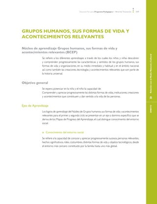 Educación Parvularia Programa Pedagógico 1˚ Nivel de Transición 117
»	RelaciónconelMedioNaturalyCulturalÁMBITO
GRUPOS HUMANOS, SUS FORMAS DE VIDA Y
ACONTECIMIENTOS RELEVANTES
Núcleo de aprendizaje Grupos humanos, sus formas de vida y
acontecimientos relevantes (BCEP)
Se refiere a los diferentes aprendizajes a través de los cuales los niños y niñas descubren
y comprenden progresivamente las características y sentidos de los grupos humanos, sus
formas de vida y organizaciones, en su medio inmediato y habitual y en el ámbito nacional,
así como también las creaciones, tecnologías y acontecimientos relevantes que son parte de
la historia universal.
Objetivo general
Se espera potenciar en la niña y el niño la capacidad de:
Comprender y apreciar progresivamente las distintas formas de vidas,instituciones,creaciones
y acontecimientos que constituyen y dan sentido a la vida de las personas.
Ejes de Aprendizaje
Los logros de aprendizaje del Núcleo de Grupos humanos,sus formas de vida y acontecimientos
relevantes para el primer y segundo ciclo se presentan en un eje o dominio específico que se
deriva de los Mapas de Progreso del Aprendizaje, el cual distingue: conocimiento del entorno
social.
Conocimiento del entorno social»»
Se refiere a la capacidad de conocer y apreciar progresivamente sucesos,personas relevantes,
hechos significativos, roles, costumbres, distintas formas de vida y objetos tecnológicos, desde
el entorno más cercano constituido por la familia hasta uno más global.
 