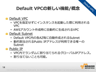 © 2012 Amazon.com, Inc. and its affiliates. All rights reserved. May not be copied, modified or distributed in whole or in part without the express consent of Amazon.com, Inc.
14
Default VPCの新しい機能/概念
Default VPC
• VPCを指定せずにインスタンスを起動した際に利用される
VPC
• AWSアカウント作成時に自動的に生成されるVPC
Default Subnet
• Default VPC内の各AZ毎に自動作成されるSubnet
• 動的割当されるPublic IPアドレスが利用できる唯一の
Subnet
Public IP
• VPC内でランダムに割り当てられるグローバルIPアドレス。
• 割り当てないことも可能。
 