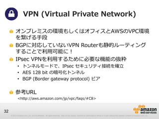 © 2012 Amazon.com, Inc. and its affiliates. All rights reserved. May not be copied, modified or distributed in whole or in part without the express consent of Amazon.com, Inc.
32
VPN (Virtual Private Network)
オンプレミスの環境もしくはオフィスとAWSのVPC環境
を繋げる手段
BGPに対応していないVPN Routerも静的ルーティング
することで利用可能に！
IPsec VPNを利用するために必要な機能の抜粋
• トンネルモードで、IPsec セキュリティ接続を確立
• AES 128 bit の暗号化トンネル
• BGP (Border gateway protocol) ピア
参考URL
<http://aws.amazon.com/jp/vpc/faqs/#C8>
 