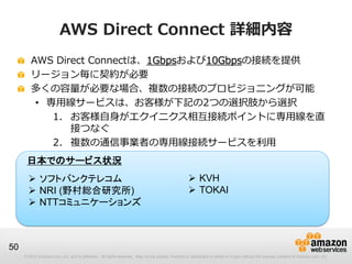 © 2012 Amazon.com, Inc. and its affiliates. All rights reserved. May not be copied, modified or distributed in whole or in part without the express consent of Amazon.com, Inc.
50
AWS Direct Connect 詳細内容
AWS Direct Connectは、1Gbpsおよび10Gbpsの接続を提供
リージョン毎に契約が必要
多くの容量が必要な場合、複数の接続のプロビジョニングが可能
• 専用線サービスは、お客様が下記の2つの選択肢から選択
1. お客様自身がエクイニクス相互接続ポイントに専用線を直
接つなぐ
2. 複数の通信事業者の専用線接続サービスを利用
 ソフトバンクテレコム
 NRI (野村総合研究所)
 NTTコミュニケーションズ
日本でのサービス状況
 KVH
 TOKAI
 