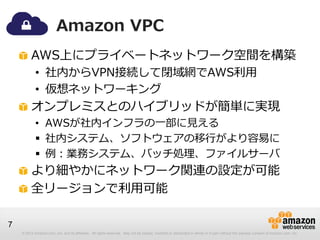 © 2012 Amazon.com, Inc. and its affiliates. All rights reserved. May not be copied, modified or distributed in whole or in part without the express consent of Amazon.com, Inc.
7
Amazon VPC
AWS上にプライベートネットワーク空間を構築
• 社内からVPN接続して閉域網でAWS利用
• 仮想ネットワーキング
オンプレミスとのハイブリッドが簡単に実現
• AWSが社内インフラの一部に見える
 社内システム、ソフトウェアの移行がより容易に
 例：業務システム、バッチ処理、ファイルサーバ
より細やかにネットワーク関連の設定が可能
全リージョンで利用可能
 