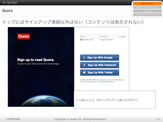 conﬁdential Copyright  ©  nanapi  Inc.  All  Rights  Reserved. 10
Quora
トップにはサインアップ導線以外はない（コンテンツは表示されない）
サインアップ
新規ユーザのアクティブ化
リテンション
⾮非アクティブのアクティブ化
して欲しいこと（サインアップ）に絞ったデザイン
 