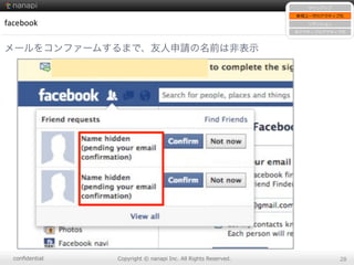 conﬁdential Copyright  ©  nanapi  Inc.  All  Rights  Reserved. 28
facebook
メールをコンファームするまで、友人申請の名前は非表示
サインアップ
新規ユーザのアクティブ化
リテンション
⾮非アクティブのアクティブ化
 