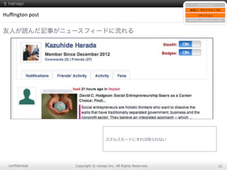 conﬁdential Copyright  ©  nanapi  Inc.  All  Rights  Reserved. 35
Huﬃngton	
  post
友人が読んだ記事がニュースフィードに流れる
ステルスモードにすれば⾒見見られない
サインアップ
新規ユーザのアクティブ化
リテンション
⾮非アクティブのアクティブ化
 
