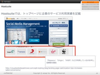 conﬁdential Copyright  ©  nanapi  Inc.  All  Rights  Reserved. 49
Hootsuite
Hootsuiteでは、トップページに企業のサービス利用実績を記載
http://visualwebsiteoptimizer.com/split-‐‑‒testing-‐‑‒blog/landing-‐‑‒page-‐‑‒optimization-‐‑‒tips-‐‑‒increases-‐‑‒
sales-‐‑‒conversions/
サインアップ
新規ユーザのアクティブ化
リテンション
⾮非アクティブのアクティブ化
「Pepsoco」「Virgin」「WWF」などが利利⽤用している点をPRし
信頼感を醸成
 