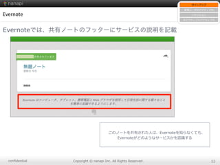 conﬁdential Copyright  ©  nanapi  Inc.  All  Rights  Reserved. 53
Evernote
Evernoteでは、共有ノートのフッターにサービスの説明を記載
サインアップ
新規ユーザのアクティブ化
リテンション
⾮非アクティブのアクティブ化
このノートを共有された⼈人は、Evernoteを知らなくても、
Evernoteがどのようなサービスかを認識識する
 
