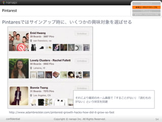 conﬁdential Copyright  ©  nanapi  Inc.  All  Rights  Reserved. 54
Pintarest
Pintaresではサインアップ時に、いくつかの興味対象を選ばせる
それにより最初のホーム画⾯面で「することがない」「読むもの
がない」という状況を回避
http://www.adambreckler.com/pinterest-‐‑‒growth-‐‑‒hacks-‐‑‒how-‐‑‒did-‐‑‒it-‐‑‒grow-‐‑‒so-‐‑‒fast
サインアップ
新規ユーザのアクティブ化
リテンション
⾮非アクティブのアクティブ化
 