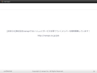 conﬁdential Copyright  ©  nanapi  Inc.  All  Rights  Reserved. 59
[お知らせ]株式会社nanapiではいっしょにサービスを育てていくメンバーを随時募集しています！
http://nanapi.co.jp/job
 