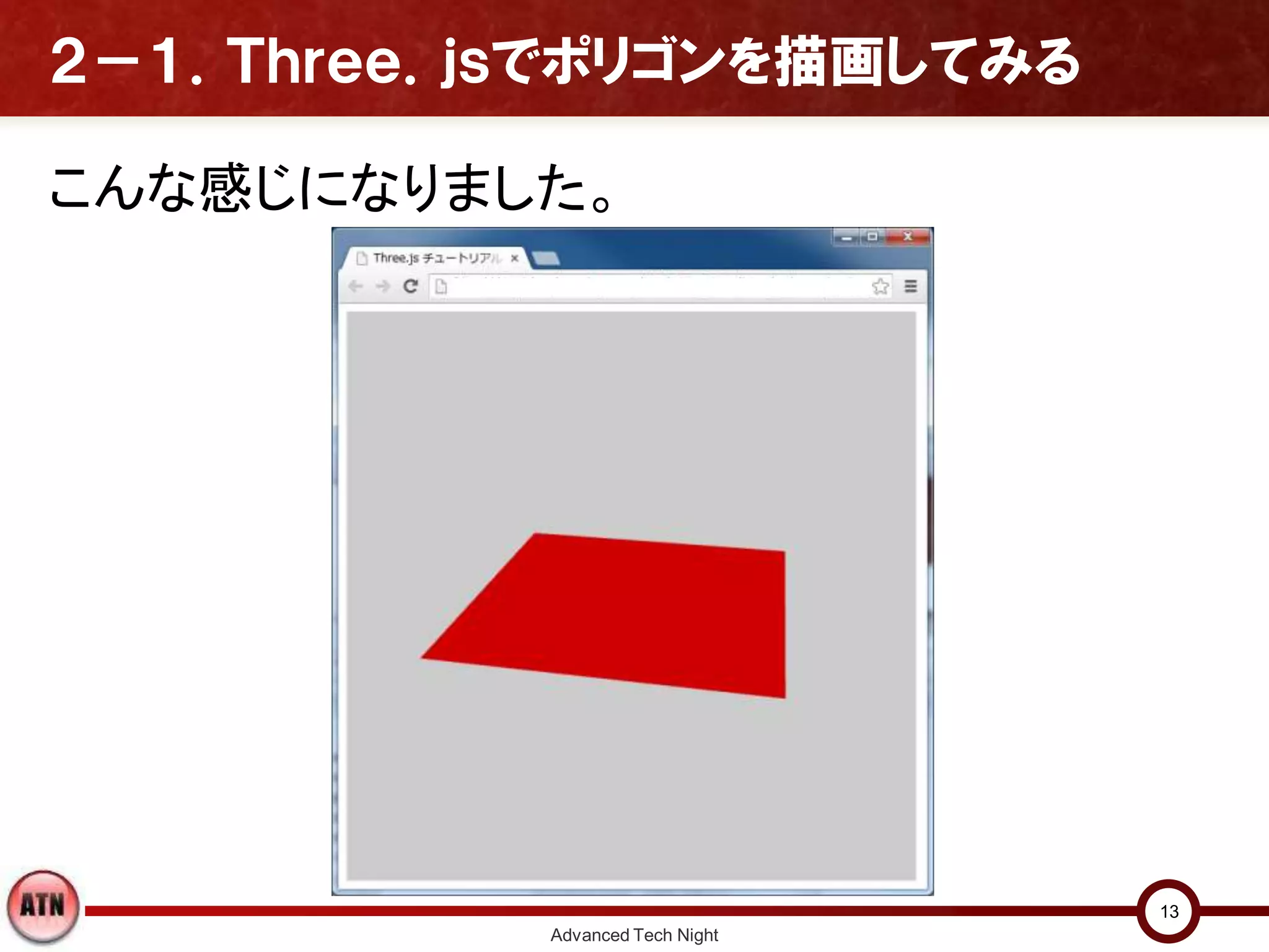 ２－１．Ｔｈｒｅｅ．ｊｓでポリゴンを描画してみる
Advanced Tech Night
13
こんな感じになりました。
 