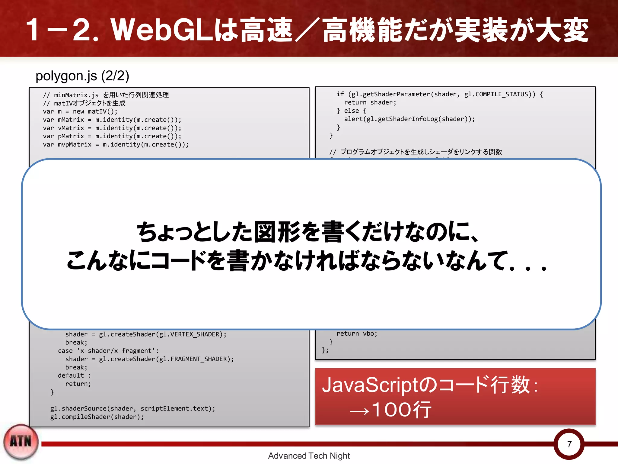 １－２．ＷｅｂＧＬは高速／高機能だが実装が大変
Advanced Tech Night
7
// minMatrix.js を用いた行列関連処理
// matIVオブジェクトを生成
var m = new matIV();
var mMatrix = m.identity(m.create());
var vMatrix = m.identity(m.create());
var pMatrix = m.identity(m.create());
var mvpMatrix = m.identity(m.create());
m.lookAt([0, 0, 1.5], [0, 0, 0], [0, 1, 0], vMatrix);
m.perspective(90, c.width / c.height, 0.1, 100, pMatrix);
m.multiply(pMatrix, vMatrix, mvpMatrix);
m.multiply(mvpMatrix, mMatrix, mvpMatrix);
var uniLocation = gl.getUniformLocation(prg, 'mvpMatrix');
gl.uniformMatrix4fv(uniLocation, false, mvpMatrix);
// モデルの描画
gl.drawArrays(gl.TRIANGLES, 0, 3);
gl.flush();
// シェーダを生成する関数
function create_shader(id) {
var shader;
var scriptElement = document.getElementById(id);
if (!scriptElement){ return; }
switch(scriptElement.type){
case 'x-shader/x-vertex':
shader = gl.createShader(gl.VERTEX_SHADER);
break;
case 'x-shader/x-fragment':
shader = gl.createShader(gl.FRAGMENT_SHADER);
break;
default :
return;
}
gl.shaderSource(shader, scriptElement.text);
gl.compileShader(shader);
polygon.js (2/2)
JavaScriptのコード行数：
→１００行
if (gl.getShaderParameter(shader, gl.COMPILE_STATUS)) {
return shader;
} else {
alert(gl.getShaderInfoLog(shader));
}
}
// プログラムオブジェクトを生成しシェーダをリンクする関数
function create_program(vs, fs){
var program = gl.createProgram();
gl.attachShader(program, vs);
gl.attachShader(program, fs);
gl.linkProgram(program);
if (gl.getProgramParameter(program, gl.LINK_STATUS)) {
gl.useProgram(program);
return program;
} else {
alert(gl.getProgramInfoLog(program));
}
}
// VBOを生成する関数
function create_vbo(data){
var vbo = gl.createBuffer();
gl.bindBuffer(gl.ARRAY_BUFFER, vbo);
gl.bufferData(gl.ARRAY_BUFFER, new Float32Array(data),
gl.STATIC_DRAW);
gl.bindBuffer(gl.ARRAY_BUFFER, null);
return vbo;
}
};
ちょっとした図形を書くだけなのに、
こんなにコードを書かなければならないなんて．．．
 