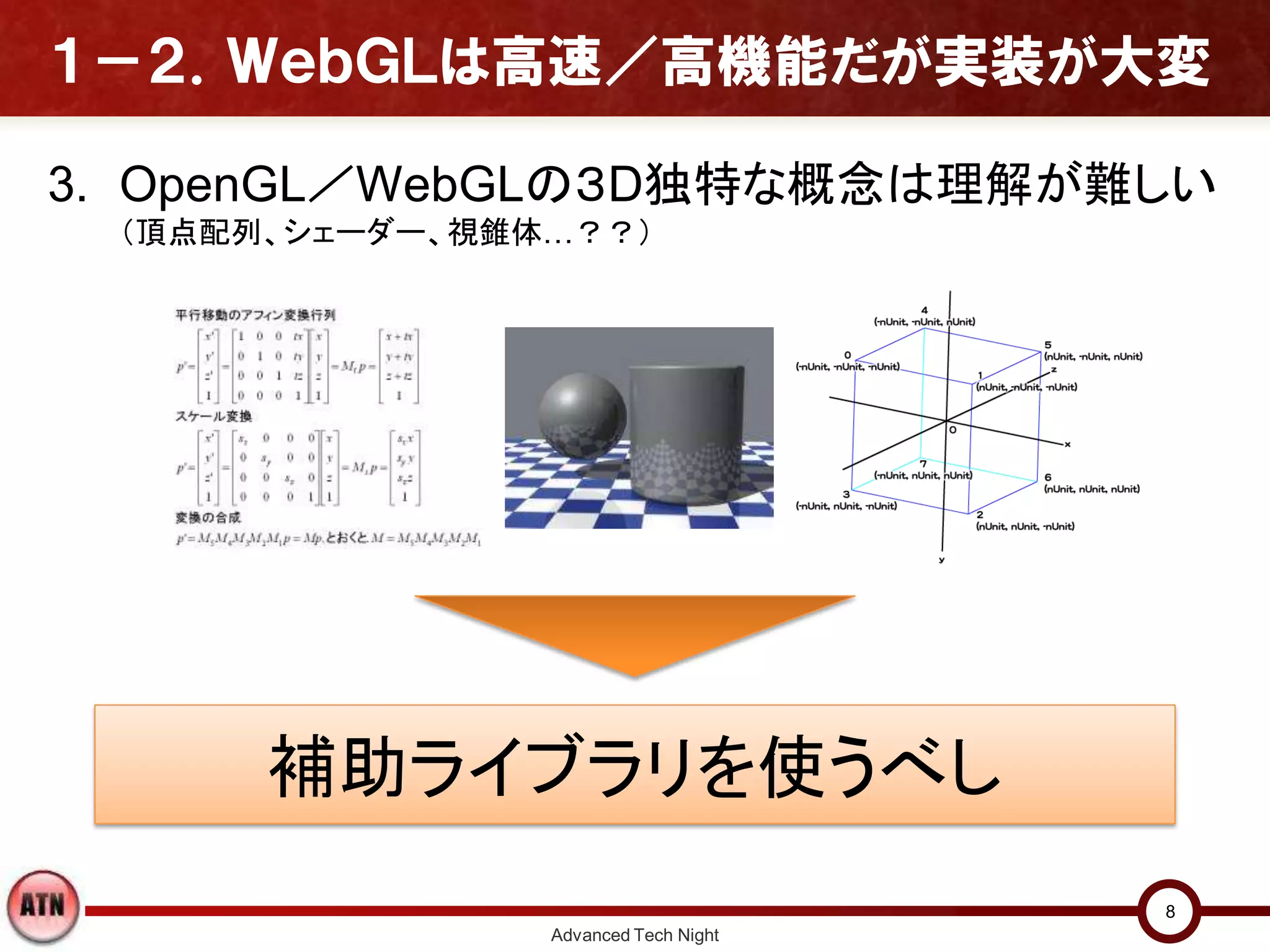１－２．ＷｅｂＧＬは高速／高機能だが実装が大変
3. OpenGL／WebGLの３D独特な概念は理解が難しい
（頂点配列、シェーダー、視錐体…？？）
Advanced Tech Night
8
補助ライブラリを使うべし
 