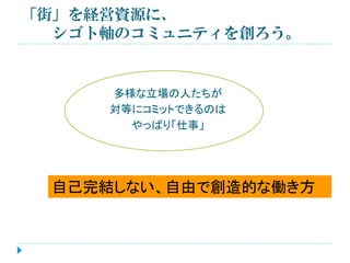 「街」を経営資源に、
シゴト軸のコミュニティを創ろう。

多様な立場の人たちが
対等にコミットできるのは
やっぱり「仕事」

自己完結しない、自由で創造的な働き方

 