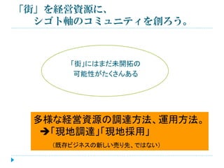 「街」を経営資源に、
シゴト軸のコミュニティを創ろう。

「街」にはまだ未開拓の
可能性がたくさんある

多様な経営資源の調達方法、運用方法。
「現地調達」「現地採用」
（既存ビジネスの新しい売り先、ではない）

 