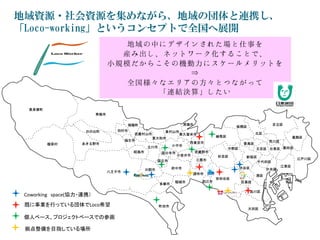 地域資源・社会資源を集めながら、地域の団体と連携し、
「Loco-working」というコンセプトで全国へ展開

Coworking space(協力・連携）
既に事業を行っている団体でLoco希望
個人ベース、プロジェクトベースでの参画
拠点整備を目指している場所

 