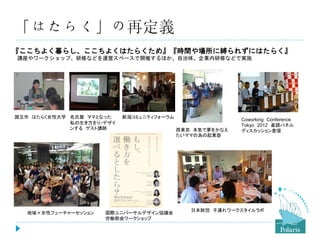 「はたらく」の再定義
『ここちよく暮らし、ここちよくはたらくため』『時間や場所に縛られずにはたらく』
講座やワークショップ、研修などを運営スペースで開催するほか、自治体、企業内研修などで実施

国立市 はたらく女性大学 名古屋 ママとなった
私の生き方をり・デザイ
ンする ゲスト講師

地域×女性フューチャーセッション

新潟コミュニティフォーラム

国際ユニバーサルデザイン協議会
労働部会ワークショップ

西東京 本気で夢をかなえ
たいママの為の起業塾

Coworking Conference
Tokyo 2012 基調パネル
ディスカッション登壇

日本財団 子連れワークスタイルラボ

 