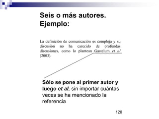 Seis o más autores.
Ejemplo:
La definición de comunicación es compleja y su
discusión no ha carecido de profundas
discusiones, como lo plantean Gastelum et al
(2003).

Sólo se pone al primer autor y
luego et al, sin importar cuántas
veces se ha mencionado la
referencia
120

 