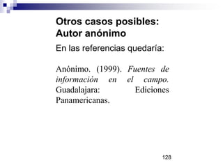 Otros casos posibles:
Autor anónimo
En las referencias quedaría:
Anónimo. (1999). Fuentes de
información en el campo.
Guadalajara:
Ediciones
Panamericanas.

128

 