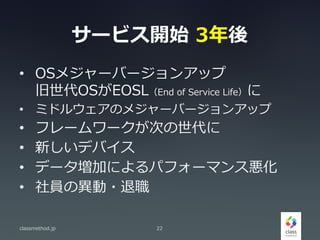 `ӥ_ʼ 3
? OS᥸`Щ`󥢥å
OSEOSLEnd of Service Life
? ߥɥ륦Υ᥸`Щ`󥢥å
? ե``Τ
? ¤ǥХ
? ǩ`Ӥˤѥե`ޥ󥹐
? Tή?
classmethod.jp 22
 