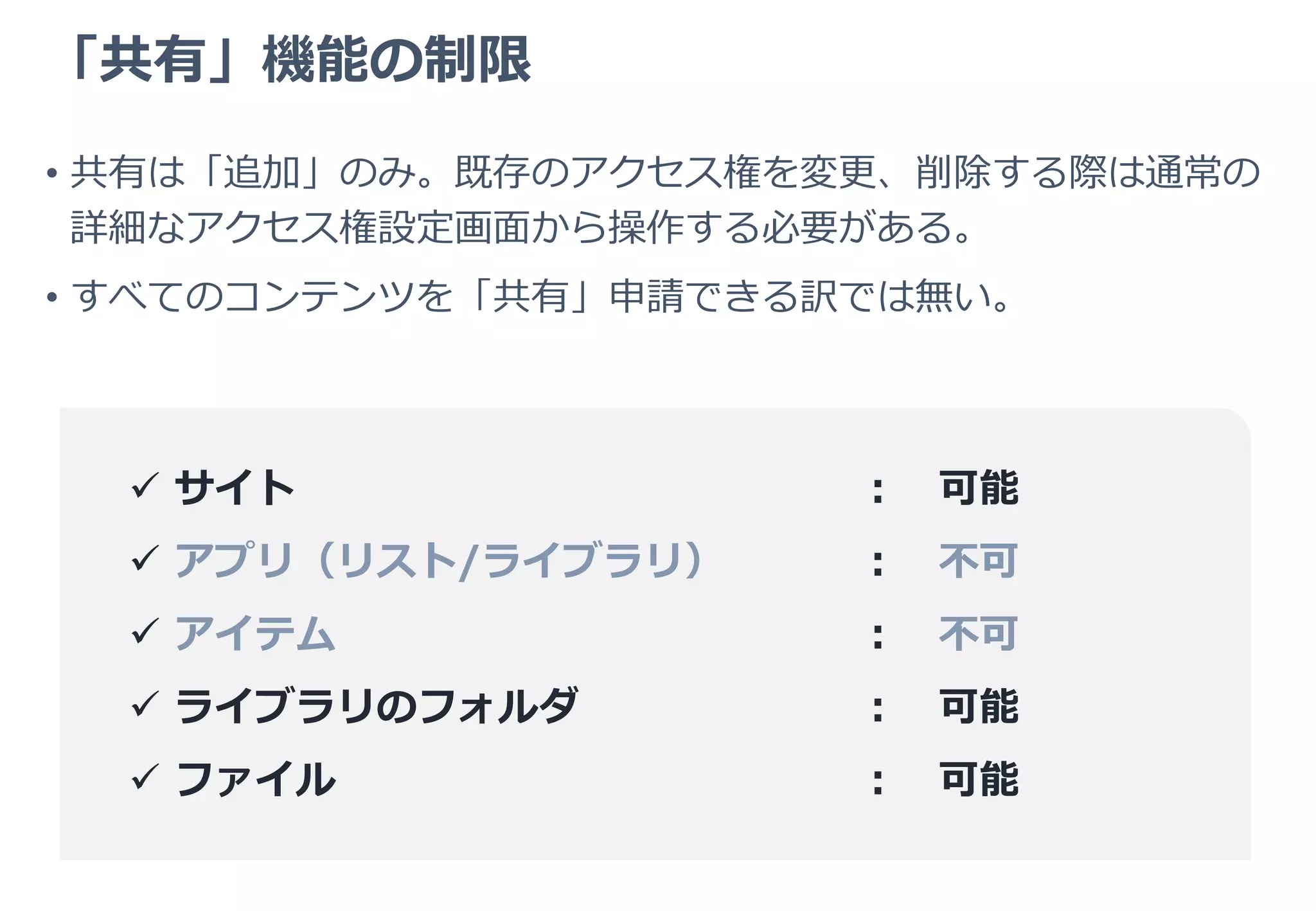 「共有」機能の留意点
• 共有時に、標準でメール通知が送信される。チェックボックスでオフ
にできるが、既定でオン、かつ［オプションの表示］リンクとして隠
されているので気づかない/忘れやすい。
• 既に権限があるユーザーに対して「共有」を実行すると、管理者に申
請された─というメッセージは表示されるが、実際には申請は行われ
てない（必要ないため）。
 