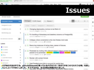 Issues
バグ対の方法の中でも、githubのIssuesに載っているバグのうち「自分で手をつけられそうな物」を直し
ていくという方法にしました。そうするのは、ある切実な問題がありました。
 