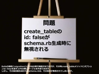 問題
create_tableの
id: falseが
schema.rb生成時に
無視される
Railsの機能にmigrationというDBの移行機能がありますが、その時create_tableメソッドにオプショ
ンid: falseを渡すとPKの無いテーブルを作成できます。
しかし、その後自動生成されるschema.rbは、その設定が無視されてしまいます。
 