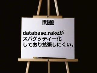 問題
database.rakeが
スパゲッティー化
しており拡張しにくい。
 