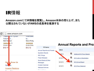 Copyright 2013 Serverworks Co, Ltd. All Rights Reserved.	
 7	
IR情報	
Amazon.comにてIR情報を閲覧し、Amazon本体の売り上げ、また
公開はされていないがAWSの成長率を推測する	
 