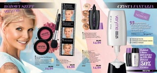 


24350 Pretty Pink
24351Sweet
Coral
20388
Sand
20389
Cocoa
20387
Ivory
20386
Porcelain

86
Frédérique, Ekspert
ds. kosmetyków do makijażu
Pozwól uwieść się
najpiękniejszym pastelowym
kolorom, które przeniosą Cię
w krainę fantazji. Stąd zaczyna się
Twoja podróż w stronę lata!
RÓŻOWY SZEPT CZYSTA FANTAZJA
1. Nałóż bazę pod
makijaż Prep Me Perfect
26545 na oczyszczoną,
nawilżoną skórę.Poczekaj
kilka minut,aż całkowicie się
wchłonie.
2. Rozprowadź podkład
Smoothie w odcieniu
najbardziej zbliżonym
doTwojej naturalnej karnacji.
3. Lekko omieć policzki
różem Cherry My Cheeks.
Frédérique, Ekspert
”Stosuj samodzielnie,
by zyskać gładki,matowy
i naturalny wygląd,lub nałóż
pod swój ulubiony podkład,
by utrwalić efekt
nieskazitelnej cery.”
BY ORIFLAME
UTRWALA MAKIJAŻ
ZMNIEJSZAWIDOCZNOŚĆ PORÓW
REDUKUJE POŁYSK
 Very Me Smoothie Foundation
Podkład Very Me Smoothie
Odżywczy podkład wzbogacony
ekstraktem z owoców leśnych i jogurtu
zapewnia perfekcyjny efekt kryjący. 30 ml
496,67/l
22,00
14,90
 Very Me Prep Me Perfect
Baza pod makijaż
Very Me Prep Me Perfect
Po nałożeniu natychmiast wnika w skórę,
pozostawiając ją matową i jedwabiście
gładką. Zmniejsza widoczność
rozszerzonych porów. Baza noszona
samodzielnie nadaje cerze zdrowy,
naturalny wygląd. Stosowana pod makijaż,
przedłuża jego trwałość i gwarantuje
satynowe wykończenie. 30 ml
496,67/l
26545 22,00
14,90
 Very Me Blush Brush
Pędzel do różu Very Me
Materiał: włosie kozie, aluminium,
drewno. Długość: 10,7 cm
24897 20,00
12,90
 Very Me Cherry My Cheeks
Róż do policzków Very Me Cherry
My Cheeks
Zaakcentuj policzki omiatając je różem
w świeżym odcieniu. Dzięki niemu łatwo
uzyskasz efekt gładkiej, miękkiej
i doskonale zaróżowionej skóry. 2 g
7450,00/kg
22,00
14,90
ZNATURALNEGOWŁOSIA
87
CZYSTA FANTAZJA
NOWOŚĆ
Podkład
+ Baza
pod makijaż
za 19,90
PONAD
50%TANIEJ
Makijaż:baza Prep Me Perfect
26545,podkład Smoothie 20387
Ivory,róż Cherry My Cheeks
24350 Pretty Pink,pogrubiający
tusz do rzęs 20533 Black.
PASTELOWE MARZENIE
 