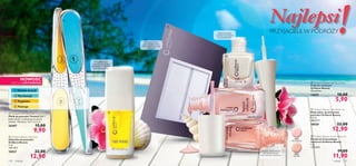 




18931 Morning Dew
18932 Soft Pink
18931
Morning Dew
18932
Soft Pink
makijaż 131130 makijaż
 Oriﬂame Beauty Nail White Tip
Biały lakier do końcówek
paznokci Oriﬂame Beauty
4,5 ml
2866,67/l
18929 22,00
12,90
 Oriﬂame Beauty French Manicure
Emalia do francuskiego
manicure Oriﬂame Beauty
7 ml
1700,00/l
19,00
11,90
 Oriﬂame Beauty Nail Tip Guides
Paski do manicure
Oriﬂame Beauty
40 pasków.
14693 10,00
5,90
Naturalne olejki
z owoców jagód dla
silniejszych paznokci.
Stosuj regularnie.
NOWOŚĆ
EDYCJA LIMITOWANA
 Nadaje kształt
 Wyrównuje
Wygładza
 Poleruje
Niezastąpione,
gdy chcesz zrobić
perfekcyjny francuski
manicure!
Białe końcówki
paznokci za jednym
pociągnięciem!
Lśniące, trwałe kolory
do perfekcyjnego
francuskiego manicure!
 Oriﬂame Beauty Nail Food
Odżywka do paznokci
Oriﬂame Beauty
7 ml
1842,86/l
18937 22,00
12,90
 Twisted 4-in-1 Nail File
Pilnik do paznokci Twisted 4 w 1
Jeden pilnik, a wykonuje aż cztery
zadania. Wymiary: 15,5 x 2,5 cm
26407 15,00
9,90
!!!Najlepsi
PRZYJACIELE W PODRÓŻY
 