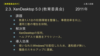 2.3. XenDesktop 5.0 (ίT) 2011
? n}
? ̆T11̨Уխh䤷Մʤϡ
? \ùΉӤơ
? Q
? XenDesktopΒá
? إץǥIդ򥢥ȥ`
? 넿
? ʹʤ줿Windows7Ťᡢ`͸Фo
? TΥ륢åפؕס
2.U۽ίT򤱣
 