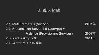 2. U
2.1. MetaFrame 1.8 (XenApp) 2001
2.2. Presentation Server 4.5 (XenApp) +
Ardence (Provisioning Services) 2007
2.3. XenDesktop 5.0 2011
2.4. `ɤέh
 