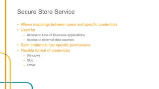 Secure Store Service
• Allows mappings between users and specific credentials
• Used for
– Access to Line of Business applications
– Access to external data sources
• Each credential has specific permissions
• Flexible format of credentials
– Windows
– SQL
– Other
 