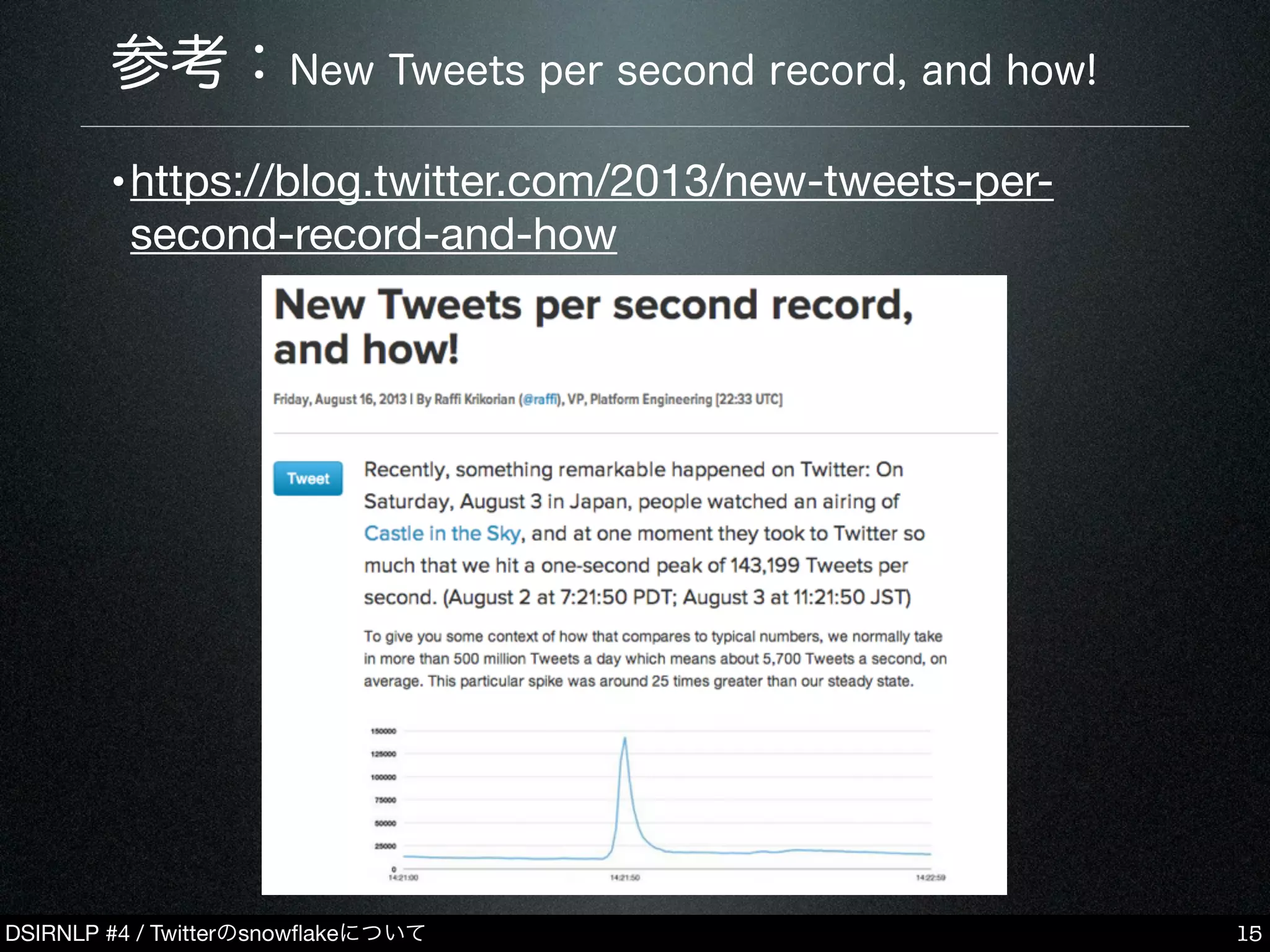 DSIRNLP #4 / Twitterのsnowﬂakeについて
参考：New Tweets per second record, and how!
15
•https://blog.twitter.com/2013/new-tweets-per-
second-record-and-how
 