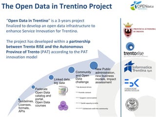 The Open Data in Trentino Project
“Open Data in Trentino” is a 3-years project
finalized to develop an open data infrastructure to
enhance Service Innovation for Trentino.
The project has developed within a partnership
between Trento RISE and the Autonomous
Province of Trento (PAT) according to the PAT
innovation model

 