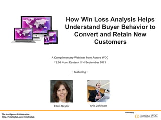 The Intelligence Collaborative
http://IntelCollab.com #IntelCollab
Poweredby
How Win Loss Analysis Helps
Understand Buyer Behavior to
Convert and Retain New
Customers
A Complimentary Webinar from Aurora WDC
12:00 Noon Eastern /// 4 September 2013
~ featuring ~
Ellen Naylor Arik Johnson
 