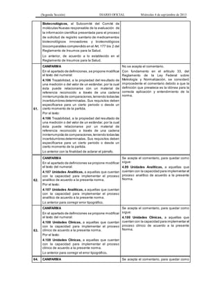 (Segunda Sección) DIARIO OFICIAL Miércoles 4 de septiembre de 2013
Biotecnológicos, al Subcomité del Comité de
moléculas Nuevas responsable de la evaluación de
la información científica presentada para el proceso
de solicitud de registro sanitario de medicamentos
biotecnológicos innovadores y biotecnológicos
biocomparables comprendido en el Art. 177 bis 2 del
Reglamento de Insumos para la Salud.
Lo anterior, de acuerdo a lo establecido en el
Reglamento de Insumos para la Salud.
61.
CANIFARMA
En el apartado de definiciones,se propone modificar
el texto del numeral:
4.106 Trazabilidad, a la propiedad del resultado de
una medición o del valor de un estándar, por la cual
ésta puede relacionarse con un material de
referencia reconocido a través de una cadena
ininterrumpida de comparaciones,teniendo todas las
incertidumbres determinadas. Sus requisitos deben
especificarse para un cierto periodo o desde un
cierto momento de la partida.
Por el texto:
4.106 Trazabilidad, a la propiedad del resultado de
una medición o del valor de un estándar, por la cual
ésta puede relacionarse por un material de
referencia reconocido a través de una cadena
ininterrumpida de comparaciones,teniendo todas las
incertidumbres determinadas. Sus requisitos deben
especificarse para un cierto periodo o desde un
cierto momento de la partida.
Lo anterior con la finalidad de aclarar el párrafo.
No se acepta el comentario.
Con fundamento en el artículo 33, del
Reglamento de la Ley Federal sobre
Metrología y Normalización, se consideró
improcedente el comentario debido a que la
definición que prevalece es la idónea para la
correcta aplicación y entendimiento de la
norma.
62.
CANIFARMA
En el apartado de definiciones se propone modificar
el texto del numeral:
4.107 Unidades Analíticas, a aquellas que cuentan
con la capacidad para implementar el proceso
analítico de acuerdo a la presenta norma.
Por el texto:
4.107 Unidades Analíticas, a aquellas que cuentan
con la capacidad para implementar el proceso
analítico de acuerdo a la presente norma.
Lo anterior para corregir error tipográfico.
Se acepta el comentario, para quedar como
sigue:
4.99 Unidades Analíticas, a aquellas que
cuentan con la capacidad para implementar el
proceso analítico de acuerdo a la presente
Norma.
63.
CANIFARMA
En el apartado de definiciones se propone modificar
el texto del numeral:
4.108 Unidades Clínicas, a aquellas que cuentan
con la capacidad para implementar el proceso
clínico de acuerdo a la presenta norma.
Por el texto:
4.108 Unidades Clínicas, a aquellas que cuentan
con la capacidad para implementar el proceso
clínico de acuerdo a la presente norma.
Lo anterior para corregir el error tipográfico.
Se acepta el comentario, para quedar como
sigue:
4.100 Unidades Clínicas, a aquellas que
cuentan con la capacidad para implementar el
proceso clínico de acuerdo a la presente
Norma.
64. CANIFARMA Se acepta el comentario, para quedar como
 