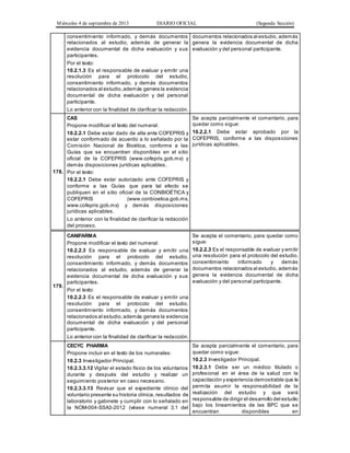 Miércoles 4 de septiembre de 2013 DIARIO OFICIAL (Segunda Sección)
consentimiento informado, y demás documentos
relacionados al estudio, además de generar la
evidencia documental de dicha evaluación y sus
participantes.
Por el texto:
10.2.1.3 Es el responsable de evaluar y emitir una
resolución para el protocolo del estudio,
consentimiento informado, y demás documentos
relacionados al estudio,además genera la evidencia
documental de dicha evaluación y del personal
participante.
Lo anterior con la finalidad de clarificar la redacción.
documentos relacionados al estudio, además
genera la evidencia documental de dicha
evaluación y del personal participante.
178.
CAS
Propone modificar el texto del numeral:
10.2.2.1 Debe estar dado de alta ante COFEPRIS y
estar conformado de acuerdo a lo señalado por la
Comisión Nacional de Bioética, conforme a las
Guías que se encuentran disponibles en el sitio
oficial de la COFEPRIS (www.cofepris.gob.mx) y
demás disposiciones jurídicas aplicables.
Por el texto:
10.2.2.1 Debe estar autorizado ante COFEPRIS y
conforme a las Guías que para tal efecto se
publiquen en el sitio oficial de la CONBIOÉTICA y
COFEPRIS (www.conbioetica.gob.mx,
www.cofepris.gob.mx) y demás disposiciones
jurídicas aplicables.
Lo anterior con la finalidad de clarificar la redacción
del proceso.
Se acepta parcialmente el comentario, para
quedar como sigue:
10.2.2.1 Debe estar aprobado por la
COFEPRIS, conforme a las disposiciones
jurídicas aplicables.
179.
CANIFARMA
Propone modificar el texto del numeral:
10.2.2.3 Es responsable de evaluar y emitir una
resolución para el protocolo del estudio,
consentimiento informado, y demás documentos
relacionados al estudio, además de generar la
evidencia documental de dicha evaluación y sus
participantes.
Por el texto:
10.2.2.3 Es el responsable de evaluar y emitir una
resolución para el protocolo del estudio,
consentimiento informado, y demás documentos
relacionados al estudio,además genera la evidencia
documental de dicha evaluación y del personal
participante.
Lo anterior con la finalidad de clarificar la redacción.
Se acepta el comentario, para quedar como
sigue:
10.2.2.3 Es el responsable de evaluar y emitir
una resolución para el protocolo del estudio,
consentimiento informado y demás
documentos relacionados al estudio, además
genera la evidencia documental de dicha
evaluación y del personal participante.
CECYC PHARMA
Propone incluir en el texto de los numerales:
10.2.3 Investigador Principal.
10.2.3.3.12 Vigilar el estado físico de los voluntarios
durante y después del estudio y realizar un
seguimiento posterior en caso necesario.
10.2.3.3.13 Revisar que el expediente clínico del
voluntario presente su historia clínica, resultados de
laboratorio y gabinete y cumplir con lo señalado en
la NOM-004-SSA3-2012 (véase numeral 3.1 del
Se acepta parcialmente el comentario, para
quedar como sigue:
10.2.3 Investigador Principal.
10.2.3.1 Debe ser un médico titulado o
profesional en el área de la salud con la
capacitación y experiencia demostrable que le
permita asumir la responsabilidad de la
realización del estudio y que será
responsable de dirigir el desarrollo del estudio
bajo los lineamientos de las BPC que se
encuentran disponibles en
 